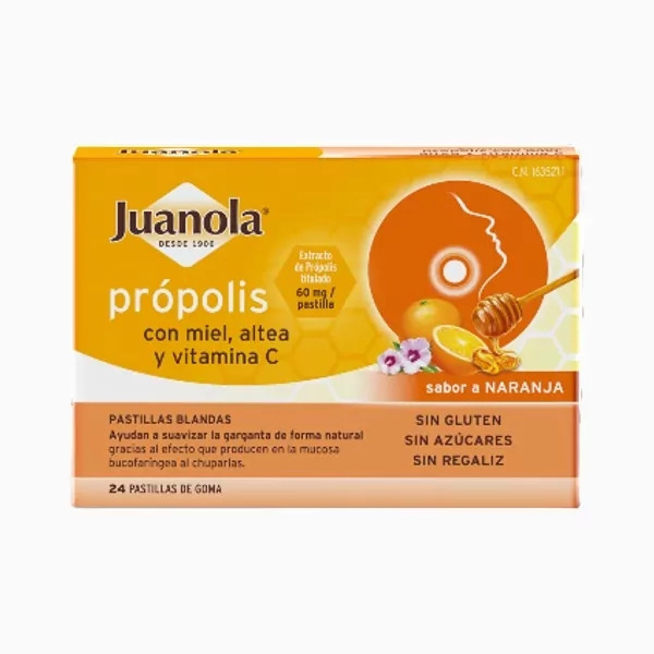 JUANOLA PRÓPOLIS MIEL ALTEA Y VITAMINA C SABOR NARANJA 24 PASTILLAS BLANDAS
